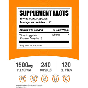 Bulksupplements.Com TMG Capsules - Trimethylglycine as Betaine Anhydrous, TMG Supplement - Gluten Free, 2 Capsules per Serving (1500Mg), 240 Count (Pack of 1)