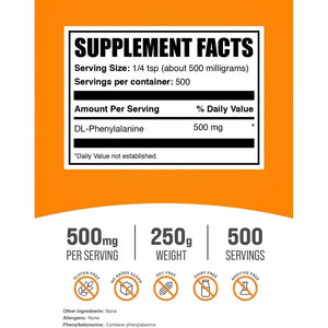 Bulksupplements.Com Dl-Phenylalanine Powder - DLPA Powder, Phenylalanine Supplement - Unflavored & Gluten Free, 500Mg per Serving, 250G (8.8 Oz) (Pack of 1)