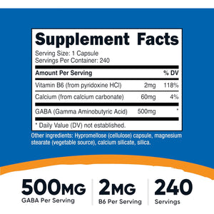 Nutricost GABA (Gamma Aminobutyric Acid) + Vitamin B6, 500Mg per Serving, 240 Capsules