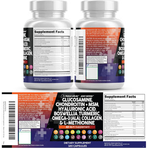 Clean Nutraceuticals Glucosamine 1500Mg Chondroitin 1200Mg MSM with Turmeric Curcumin, Collagen, Hyaluronic Acid, Omega 3 – Joint Health Supplement for Men & Women – Joint Complex – 120 Count