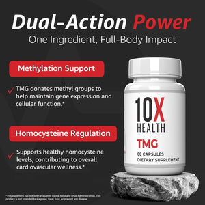 10X Health TMG Supplements - Trimethylglycine Supplement for Liver Support, Heart Wellness, Energy, Homocysteine Levels - TMG Capsules with Betaine Anhydrous - Non-Gmo & Gluten-Free - 60 Capsules
