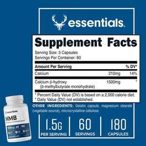 Bucked up HMB (Beta-Hydroxy Beta-Methylbutyrate) 1500Mg per Serving, Essentials (60 Servings, 180 Capsules)
