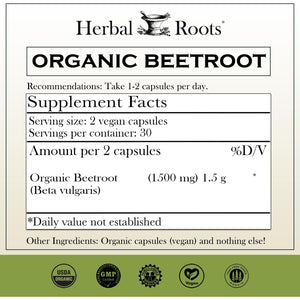 Herbal Roots Organic Beet Root Powder Capsules - 1,500Mg per Serving - Certified USDA Organic - Non-Gmo - 60 Count Vegan Capsules