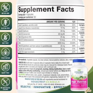 Ridgecrest Herbals Hair Revive, Nutritional Hair Supplement with Vitamin C, Biotin (6000Mcg), Zinc, and Copper, Hair Vitamins for Women to Support Healthy Hair, Skin, and Nails (120 Caps, 30 Servings)
