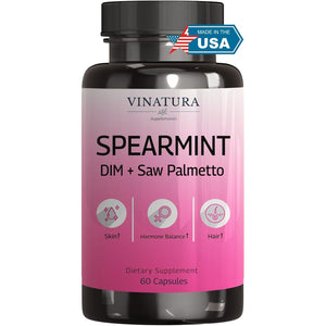 VINATURA Spearmint Capsules Supplement - Spearmint Leaf Extract Enhanced with DIM & Saw Palmetto, for Unwanted Hair, Women Health & Skin, USA Made & Tested, 60 Capsules