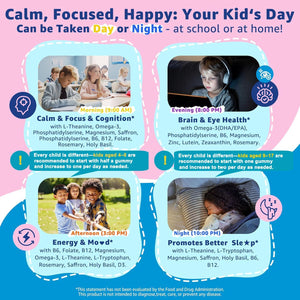 Saffron +Magnesium Glycinate +Omega-3 - Calm Focus Gummies for Kids 4+, Saffron Extract Supplement with L-Theanine, Holy Basil, Rosemary, B6, D3 for Happy Mood, Cognition, Zzz, Sugar Free, 2 Pack