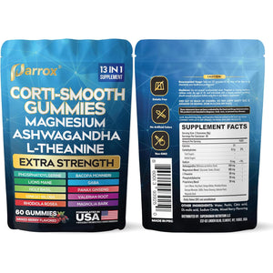 Corti-Smooth Cortisol Support Gummies with Magnesium, L-Theanine, Ashwagandha, Phosphatidylserine, Bacopa Monnieri, Lions Mane, Ginkgo Biloba, Valerian Root (60 Gummies - Mixed Berry Flavor)