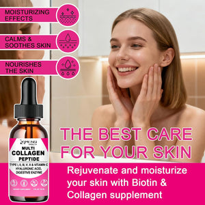 Multi Collagen Peptides Liquid Drops for Women & Men, Hydrolyzed Collagen Peptides Type (I, II, III, V, X)Proteins Complex W. Hyaluronic Acid, Biotin & Vitamin C, Support Hair Skin Joint & Gut Health