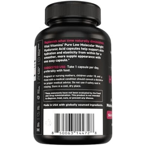Vital Vitamins Hyaluronic Acid Supplements - Made with 200Mg of Low Molecular Weight Hyaluronic Acid - Supports Skin Hydration & Elasticity from within - 60 Capsules, 60 Servings