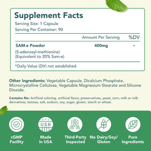 Sam-E 400Mg Capsules - Easy Absorption SAM E Supplement 400Mg from S-Adenosyl-Methionine for Brain Liver and Mood Support - Non-Gmo Gluten Free & Made in Cgmp Facility (90 Servings)