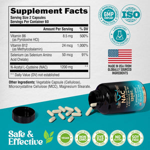 NAC Supplement | Selenium | B6 | B12 - Antioxidant, Immune Support - N Acetyl Cysteine 600 Mg per Capsule, 1200 Mg per Serving - Lab Tested - Non-Gmo, Gluten-Free, Vegan - 120 Caps, 2 Month Supply