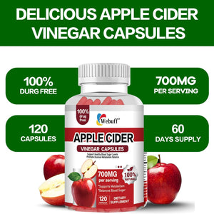 Apple Cider Vinegar Capsules 700Mg - 120 Count | Extra Strength ACV with the Mother | Supports Weight Management, Digestion, Metabolism & Immune | Vegan, Non-Gmo, Gluten-Free| Pack of 2