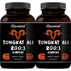 Tongkat Ali 200:1 (Longjack) Extract for Men, 2000Mg per Serving, Indonesia Origin, Eurycoma Longifolia | with Panax Ginseng for Energy, Stamina, & Male Health Support (150 Count (Pack of 2))