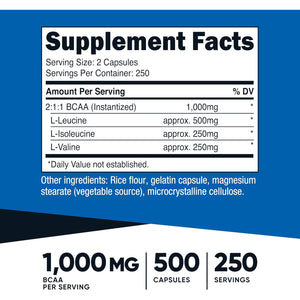 Nutricost BCAA 1000Mg, 500 Capsules (250 Serv), 2:1:1 Branched Chain Amino Acids (500Mg of L-Leucine, 250Mg of L-Isoleucine and L-Valine)