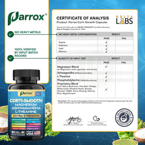 Corti-Smooth Cortisol Supplement Magnesium, L-Theanine, Ashwagandha, Phosphatidylserine, Valerian Root, Lions Mane, Bacopa Monnieri, Ginkgo Biloba, Panax Ginseng, Magnolia Bark, GABA (60 Caps)