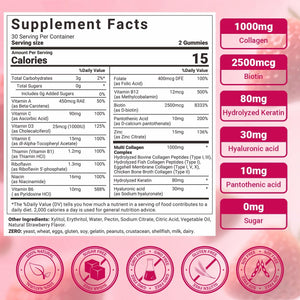 Collagen Gummies for Women, Sugar-Free Hydrolyzed Collagen Gummy with Type I, II, III, V, X Collagen Peptides, Biotin, Hyaluronic Acid & Multivitamins, Promote Skin/Hair/Nail/Bones, 120 Cts