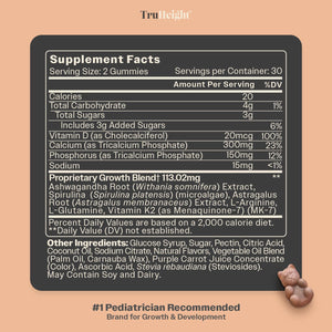 Truheight Growth Gummies (Watermelon) Tall Nutrition for Natural Growth Supplement for Kids & Teens - Vitamin D, K, Calcium & Ashwagandha, Bone Strength Vitamins D3 K2, Picky Eater, Taller Ages 5+