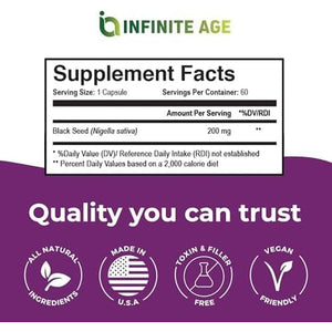 Infinite Age Dry Organic Black Seed Oil Extract Capsules, 60 Count - Nigella Sativa Immune Booster for Optimal Skin, Hair, Memory, Focus, Brain Health and Immunity - Thymoquinone Supplement