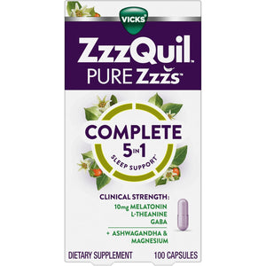 Zzzquil Pure Zzzs Complete Sleep, Melatonin 10Mg, L-Theanine, GABA, with Ashwagandha, and Magnesium, Melatonin Sleep Aid, 100 Count