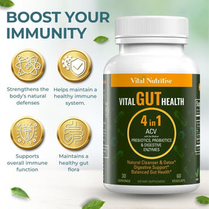 Vital Gut Health 4In1 Formula with Apple Cider Vinegar, Prebiotics & Probiotics, Digestive Enzymes for Strong Immunity Support and Complete Gut and Digestion Support- 30 Days Supply