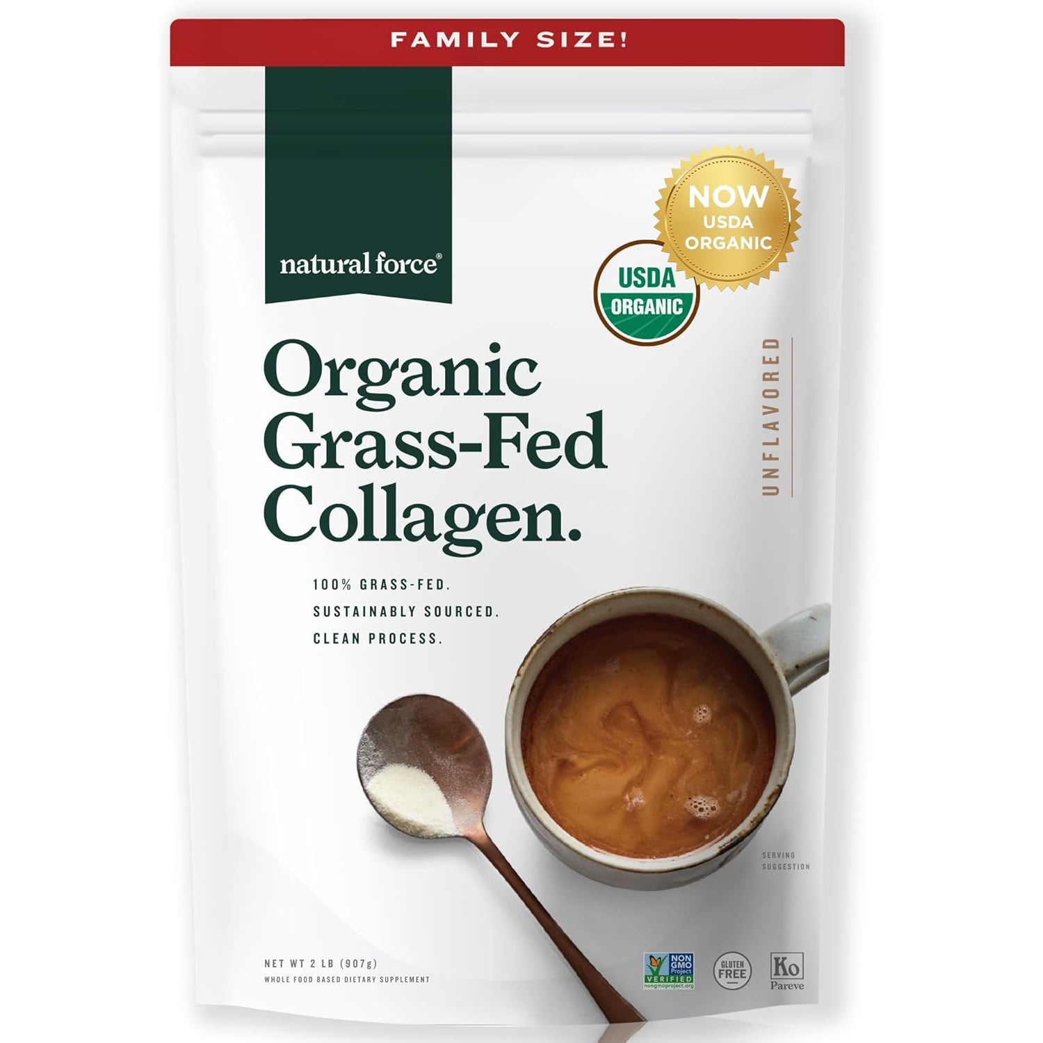 Natural Force Organic Clean Collagen Peptides Powder - USDA Certified Organic & Non-Gmo, Keto & Paleo Certified - Hydrolyzed Type I & III Protein Powder with Essential Amino Acids – Unflavored, 32Oz