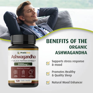 Ashwagandha Capsules 3,000 Mg - 120 Vegan Cap Made with Organic Ashwagandha Powder and Root Extract. Gluten Free. Made in USA