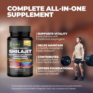 Shilajit for Men and Women-Organic Himalayan Shilajit Capsules with Sea Moss, Black Seed Oil, Ashwagandha, Rhodiola Rosea, Burdock, Cordyceps Mushroom, Ginseng, Turmeric, Ginger, 120 Capsules