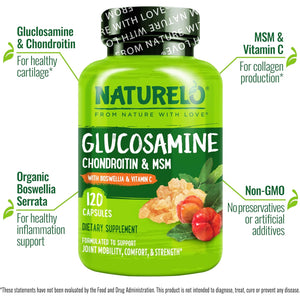 NATURELO Glucosamine Chondroitin MSM with Boswellia and Vitamin C - Supplement for Joint Comfort, Mobility, and Strength - 120 Capsules