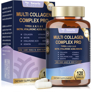 18-In-1 Collagen Pro with Hyaluronic Acid, Keratin, Biotin, VIT a C & E for Skin, Hair, Nails, Joint & Beauty - Multi Collagen Peptides Capsules with Type I II III V & X for Women & Men - 120 Caps