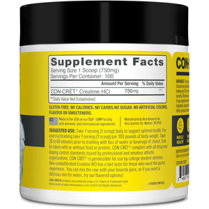 CON-CRET Creatine Hcl Powder | Muscle, Cognitive, Cellular Energy Support | No Bloating or Cramps | USA Made & NSF Certified | Unflavored (100 Serving)