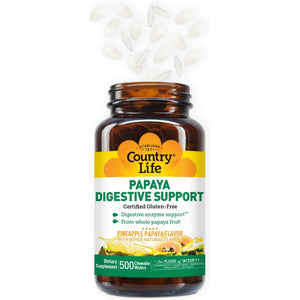 Country Life Chewable Papaya Enzymes for Digestion Support - Natural Pineapple & Papaya Flavor, Assists with Nutrient Absorption, Contains Papain & Protease - 200 and 500 Wafers Available