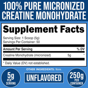 Bucked up Pure Micronized Creatine Monohydrate for Women and Men - Easy to Mix and Unflavored - 5G per Serving - 50 Servings - 250 Grams per Container
