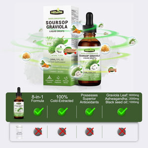 (2 Pack) 8 in 1 Graviola Soursop Leaf Extract Liquid - Soursop Bitters Liquid with Sea Moss, Ashwagandha and Turmeric, for Immune & Liver, Zzz & Antioxidant & Cell Support,1 Fl Oz
