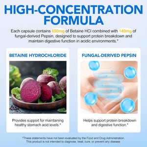 Betaine Hcl with Pepsin Digestive Enzymes Supplement, 120 Vegan Capsules, 790Mg Gluten-Free Formula for Digestive Support & Stomach Comfort, Plant-Based, Non-Gmo