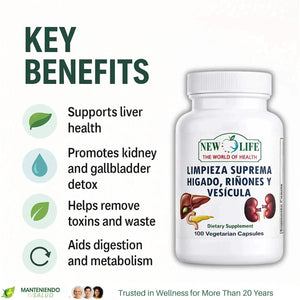 New Life Limpieza Suprema Hígado Riñones Y Vesicula, Healthy Liver Supplement, Dandelion Root, Milk Thistle Extract, 100 Capsules