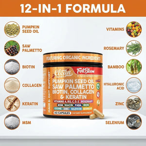 Clean Nutra Pumpkin Seed Oil Capsules + Saw Palmetto Biotin Collagen Keratin MSM Folate Hyaluronic Acid Supplements B12 Zinc Hair Supplement for Women Men Iodine 5-MTHF B-12 Vitamin B9-60 Pills