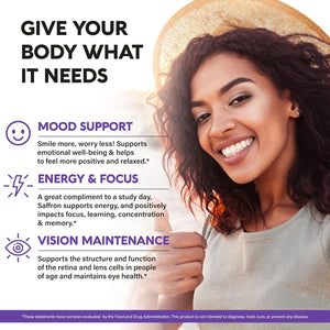 Natural Saffron Supplements - Pure Saffron Extract 88.5 Mg - Mood | Focus | Vision | Energy Support - Eye Health for Women & Men - Lab Tested - Nongmo Vegan Pills - 90 Powder Capsules, 3 Month Supply