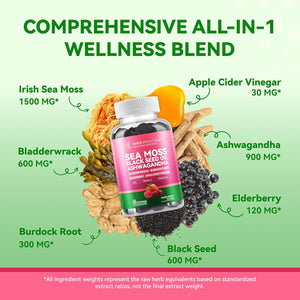 Inner Brightness Sea Moss 4000Mg Gummies with Ashwagandha, Elderberry, Apple Cider Vinegar, Bladderwrack, Burdock Root – Immune Support – Mixed Berry Flavor – 60 Count