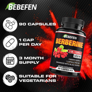 BEBEFEN Berberine Capsules with Black Pepper Extract - 90 Capsules - 3 Month Supply