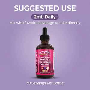 Liquid Probiotics for Women Drops with Chasteberry, Black Cohosh, Prebiotics, Digestive Enzymes, Evening Primrose Oil, Wild Yam, Cranberry Dmannose and Iron Vitamin D3 K2 Clean Nutra Bella Biotics