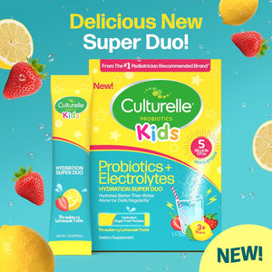 Culturelle® Kids Probiotics and Electrolytes Hydration Super Duo, Strawberry Lemonade, Sugar Free‡ Powder Packets for Immune and Digestive Support, 30 Count