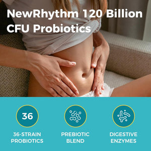 Newrhythm Probiotics 120 Billion CFU 36 Strains, 3-In-1 Probiotics with Prebiotics & Enzymes, Probioticos for Women & Men, Vegan Targeted Release Supplement, 30Ct