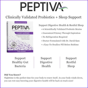 Peptiva 26 Billion CFU Probiotic and Sleep Support - Clinically Validated Multi-Strain Probiotic - Lactobacillus and Bifidobacterium, Melatonin - 30 Count
