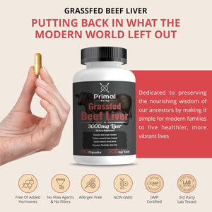 Primal Being Grassfed Beef Liver - 3000Mg Freeze Dried Capsules - Pasture Raised in New Zealand - Natural Beef Organ Supplement - Liver Supplement for Energy and Wellness - 180 Count