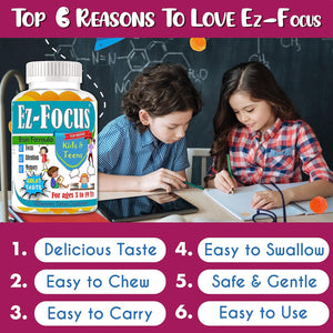 Ez-Focus Gummies for Kids, Teens and Youth – Brain Focus, Memory & Attention Support, DHA & Omega-3 for Kids, Concentration and Focus Supplement, Calm and Study Brain Vitamins 60 Ct