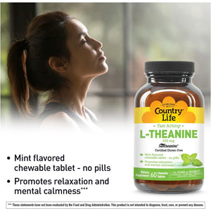 Country Life L-Theanine Fast-Acting 100Mg, 60 Chewable Tablets, Mint- Flavored, Certified Gluten Free, Certified Vegan