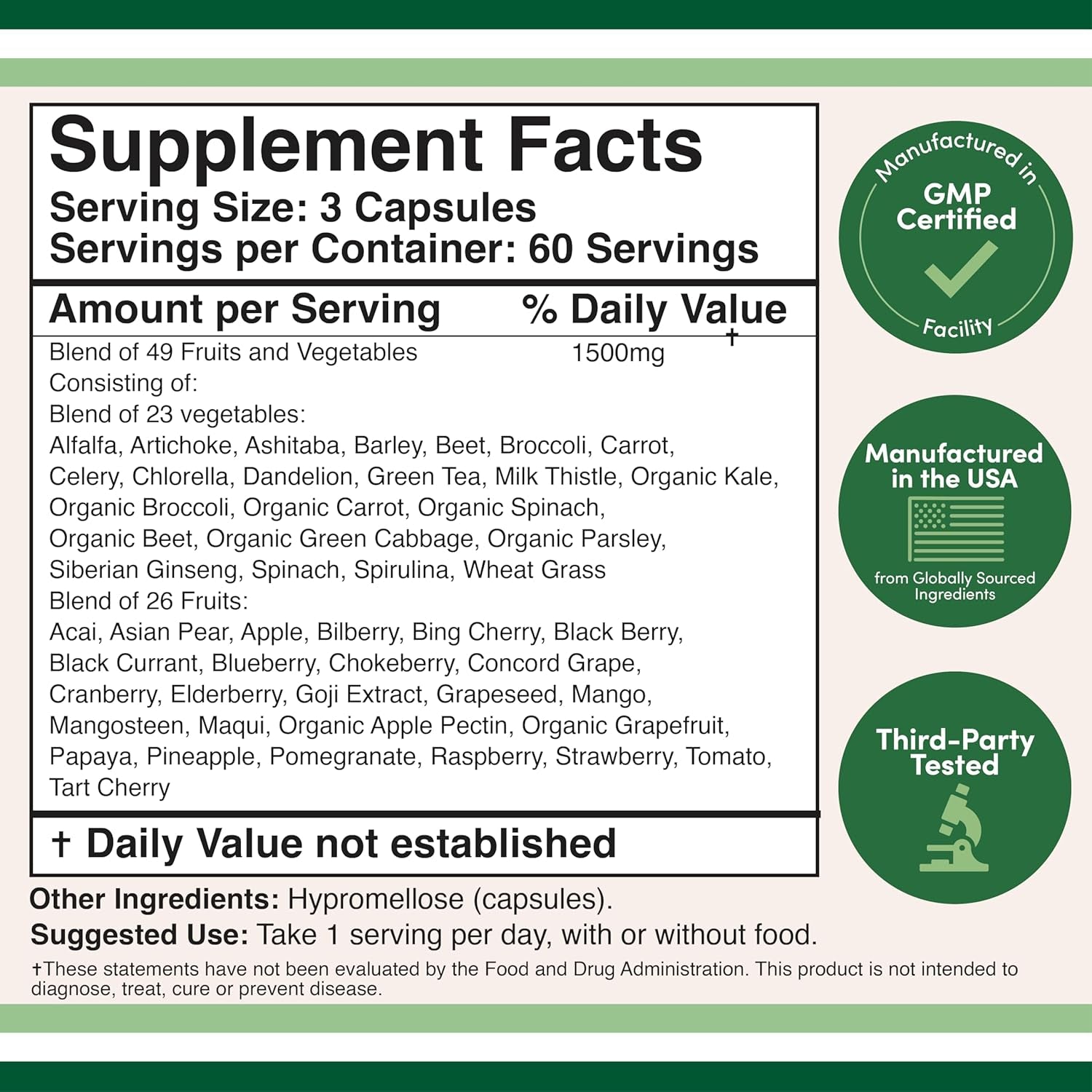 Fruits and Veggies Supplement (Daily Blend of 49 Different Fruits and Vegetables, 23 Veggies and 29 Fruits) 1,500Mg Servings, 180 Capsules (No Fillers, Vegan Safe, Non-Gmo) by Double Wood