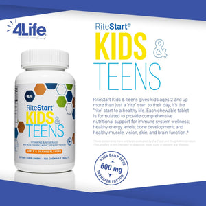 4Life Ritestart Kids and Teens- Apple, Orange Flavors, 22 Essential Vitamins, Minerals, Immune System and Brain Support Ages 2+ - 120 Chewable Tablets