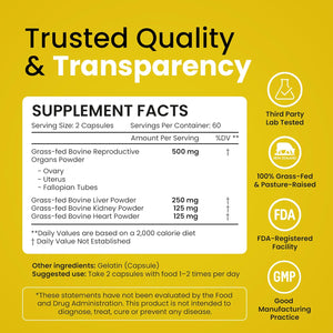Beef Organ Supplement for Women – Grass Fed Liver, Uterus, Ovary, Heart, Kidney – 30+ Nutrients to Support Hormone Balance, Cycle Health, Energy, Immunity, Skin & Hair – Usa-Made & 3Rd Party Tested