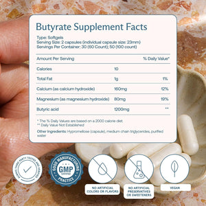 Bodybio Butyrate - Postbiotic for Gut Health, Digestive Support, Bloat, Gas & Constipation Relief, Leaky Gut Repair - Calcium, Magnesium + Butyric Acid Supplement for GI Wellness - 100 Capsules